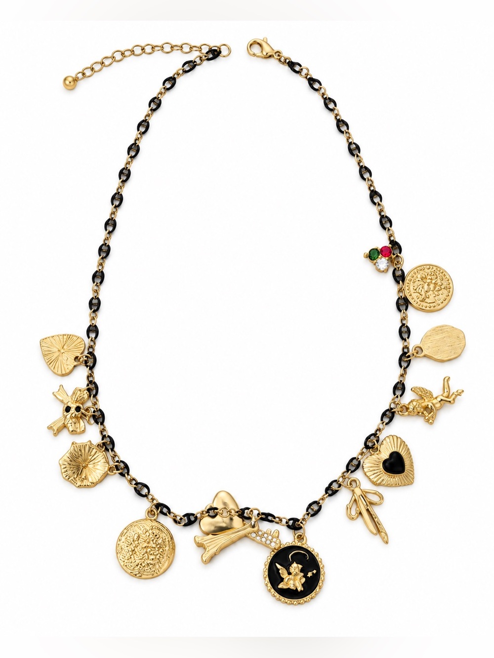 Gold and Black Charm Pendant Necklace with Multicolor Crystal Accent